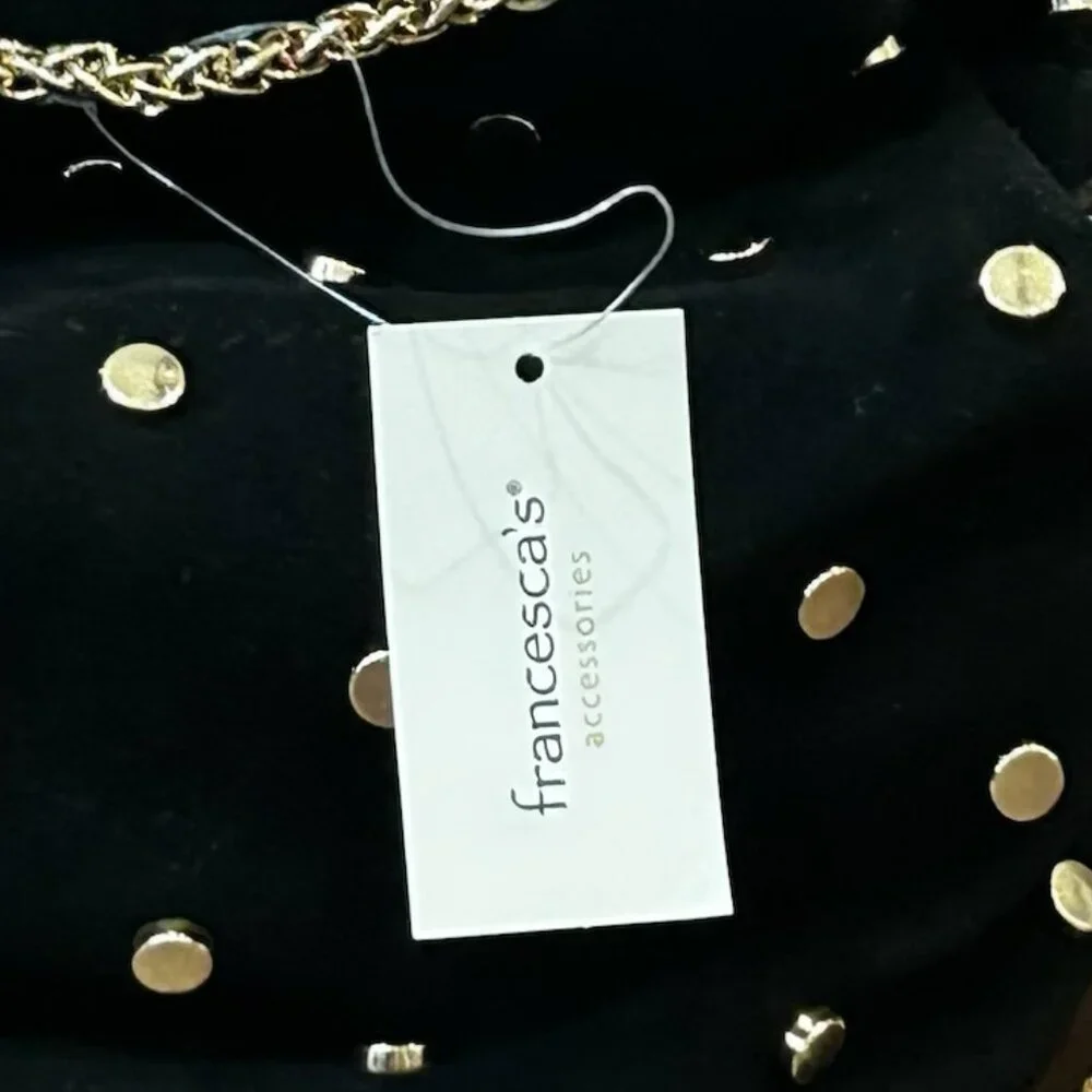 NWT Francesca's Cross Body Faux Suede Nailhead Bucket Satchel Bag Black Gold - Picture 7 of 8